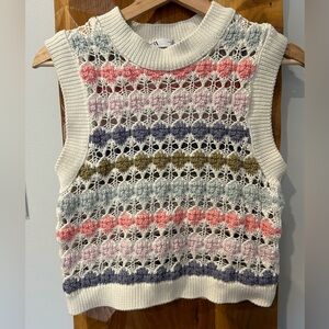 Zara Multi Colored Cotton Cropped Crochet Vest Size Small